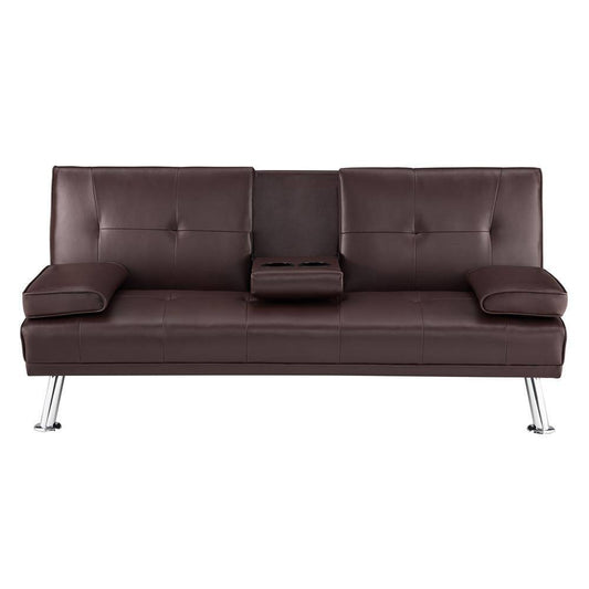 66 in Espresso Futon Sofa Mattress Faux Leather Couch with Armrest and 2-Cupholders Square Arm Rectangle with Metal Legs