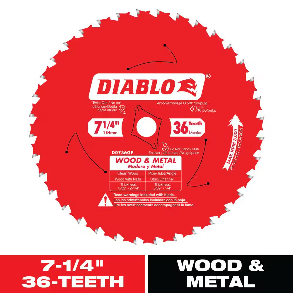 7-1/4In. X 36-Tooth Carbide Circular Saw Blade for Wood and Metal