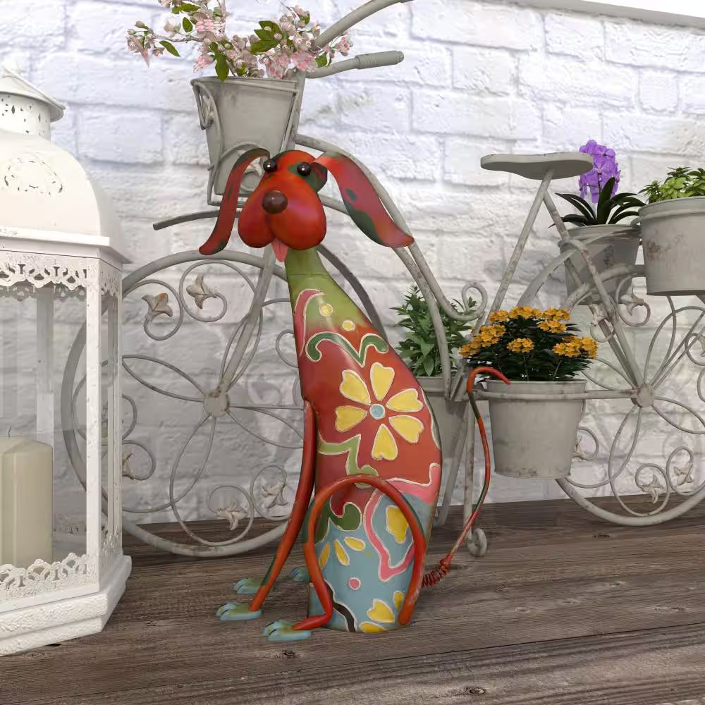 17 In. Metal Indoor Outdoor Dog Garden Sculpture with Floral Pattern
