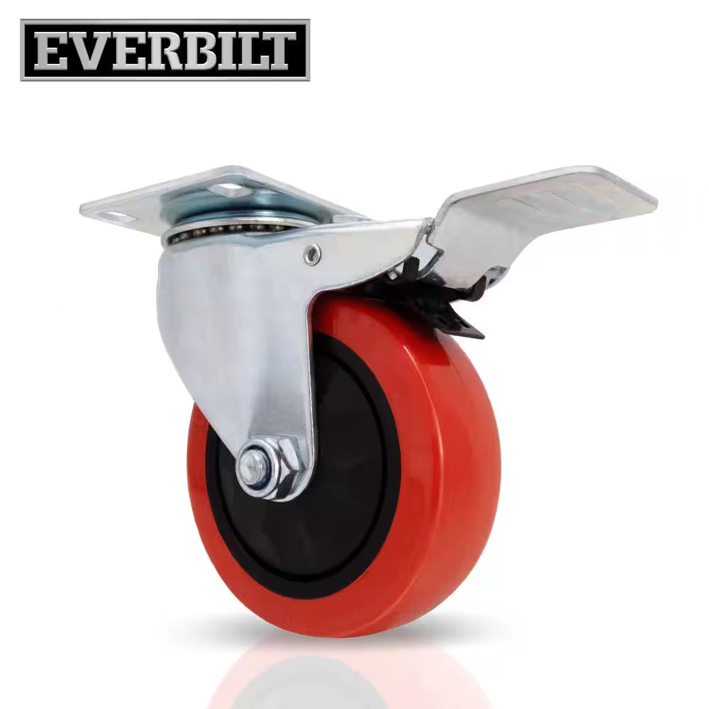 4 In. Red Polyurethane and Steel Swivel Plate Locking Caster Wheel with 250 Lb. Load Rating