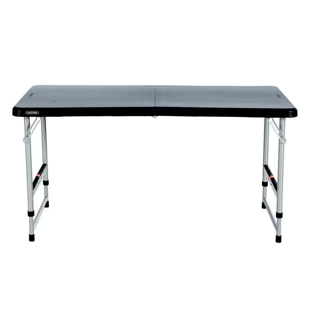 48 In. L Rectangle Black Resin Top Adjustable Fold-In-Half Table with Silver Frame