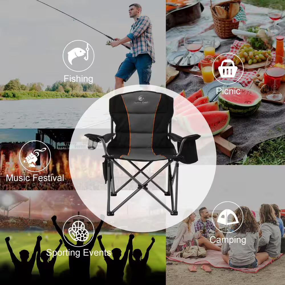 Oversized Folding Camping Chair with Cooler Bag Deluxe Black Chair Heavy-Duty