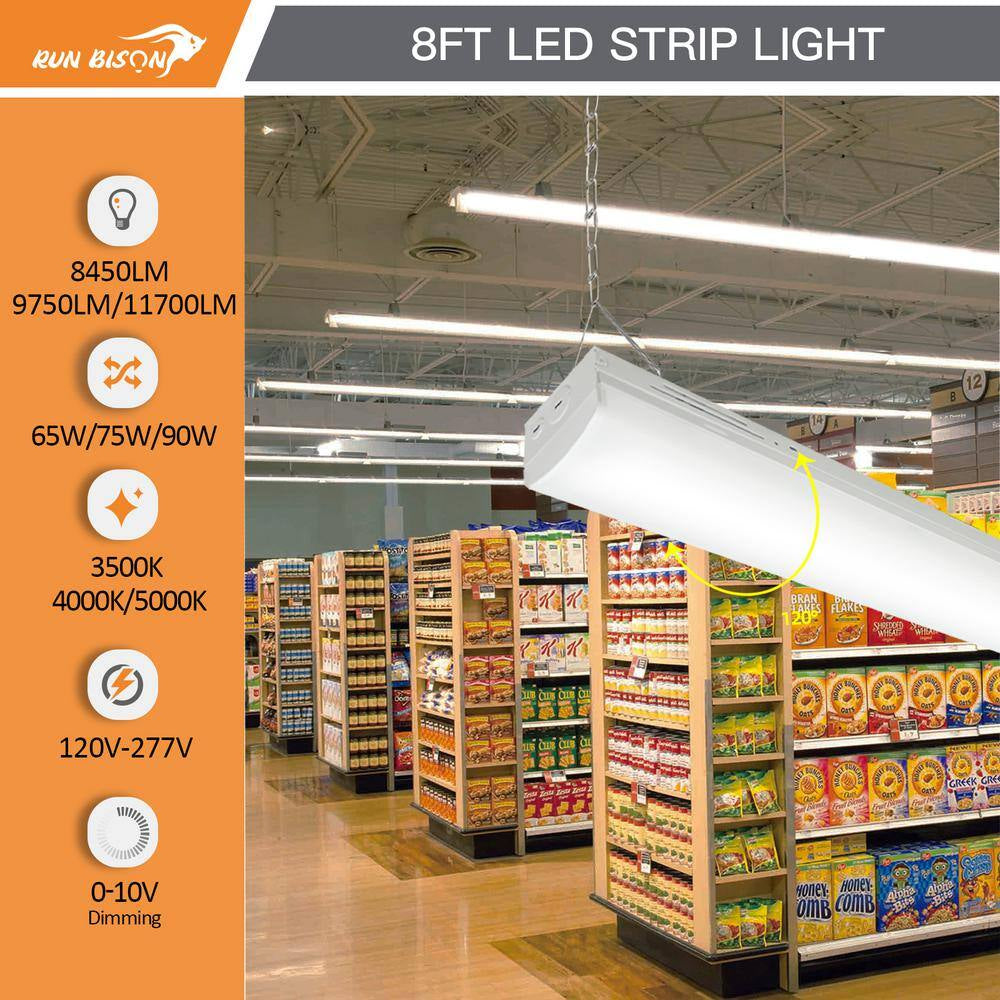 8 Ft.. 90-Watt Integrated LED Linear Strip Light Fixture Shop Light 8450/9750/11700 Lumens 3500/4000/5000K (4-Pack)