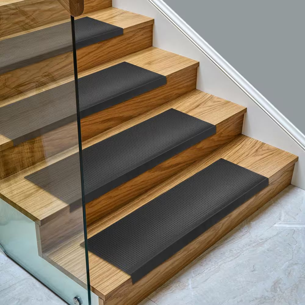 Waterproof Easy-Clean Indoor/Outdoor Black 10 In. X 30 In. Non-Slip Rubber Bull Nose Stair Tread Cover-Set of 5