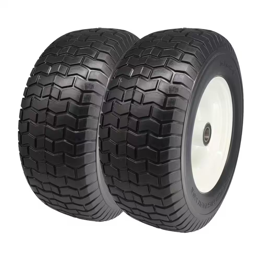 16 In. X 6.50 In.-8 Flat Free Lawn Garden Tire, 1 In. Bearings, 3 In. Center Hub, Set of 2