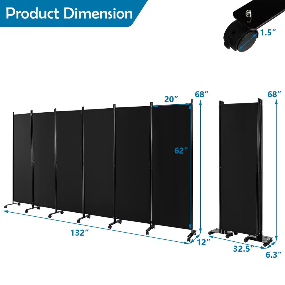 6-Panel Folding Room Divider 6 Ft. Rolling Privacy Screen with Lockable Wheels Black