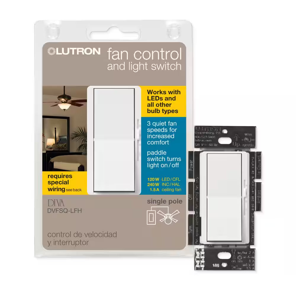 Diva 3-Speed Rocker Fan Control and Light Switch, Single-Pole, 1.5A Fan/1A LED, White (DVFSQ-LFH-WH)