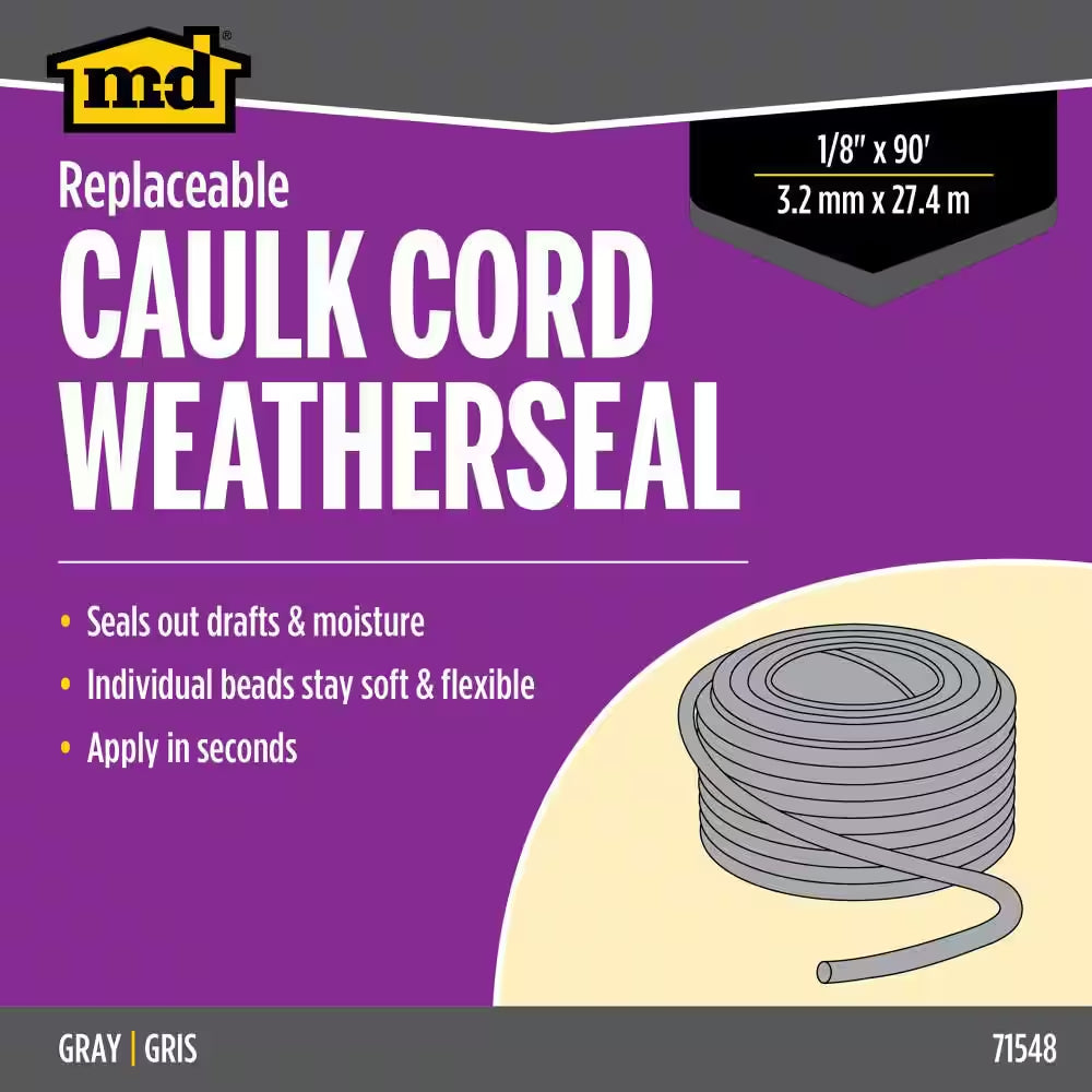 90 Ft. Gray Replaceable Caulk Cord Weatherseal for Small Gaps & Cracks