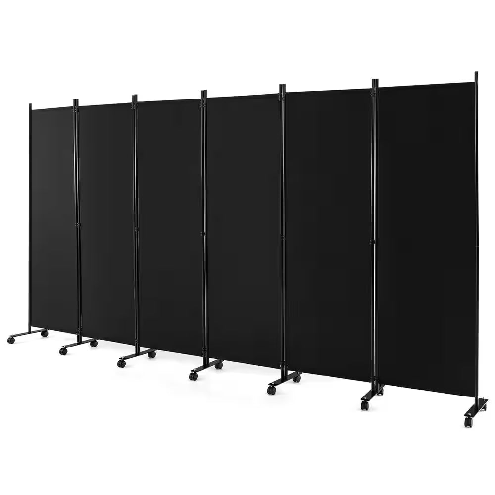 6-Panel Folding Room Divider 6 Ft. Rolling Privacy Screen with Lockable Wheels Black