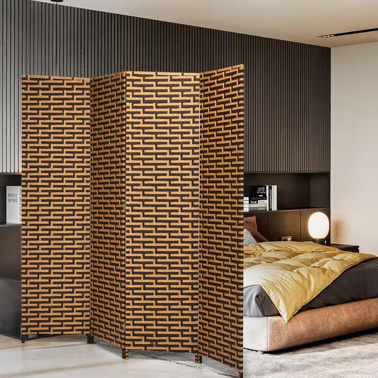 6 Ft. Tall 4-Panel Yellow Folding Room Divider Weave Fiber Privacy Partition Screen
