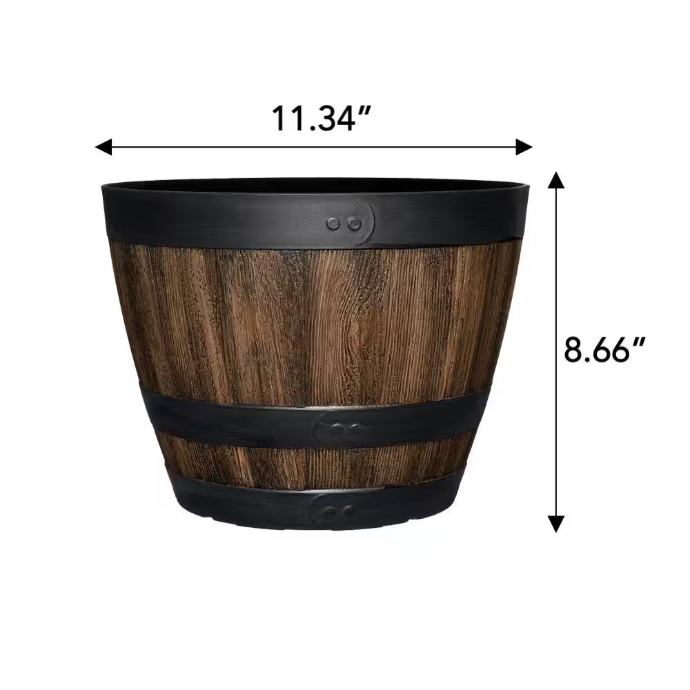 Reedley Medium Walnut Brown Resin Wine Barrel Lightweight round Planter (11.33 In. L X 11.33 In. W X 8.51 In. H)