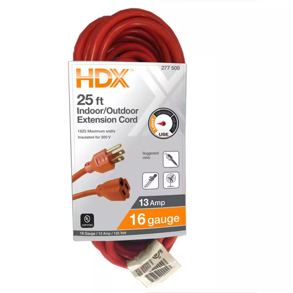 25 Ft. 16/3 Light Duty Indoor/Outdoor Extension Cord, Orange