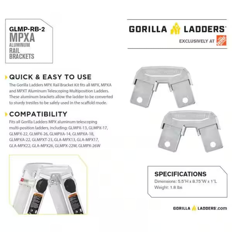 Lightweight Aluminum Rail Brackets, Fits All Gorilla MPX Multi-Position Ladders, Quick and Easy to Use