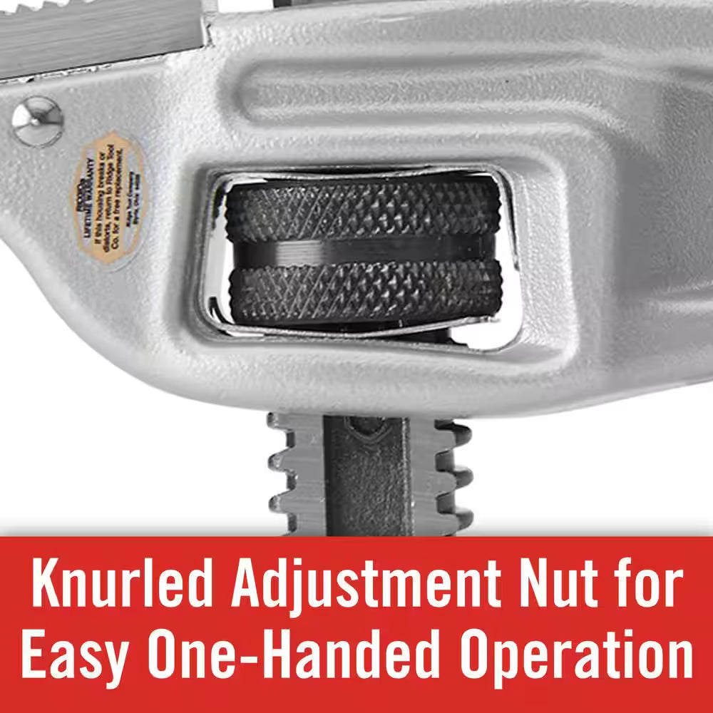 14 In. Aluminum Offset Pipe Wrench with Narrow Hook Jaw Parallel to Handle for Tight Spaces & Overhead Applications