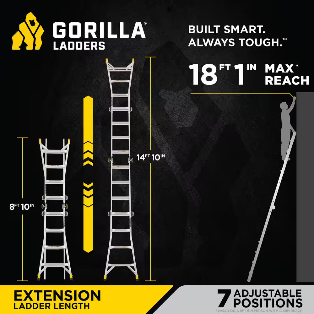 18 Ft Reach Aluminum Multi-Position Ladder with Tool Hangers, 300 Lbs. Load Capacity, Type IA Duty Rating