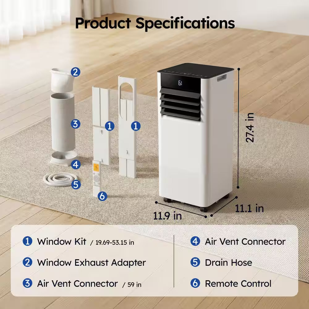 8000 BTU Portable Air Conditioner 250 Sq. Ft. with Dehumidifier and Fan in White, Wifi and Remote Control