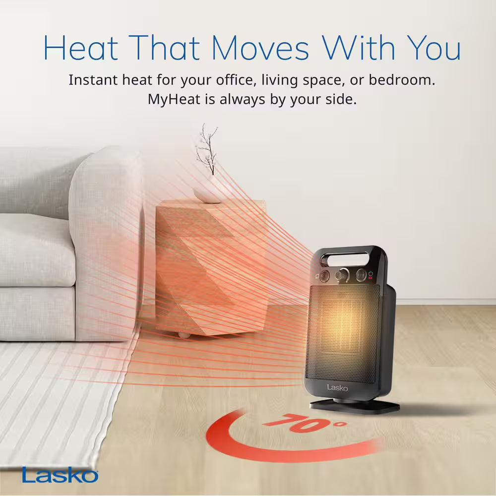 Myheat Go 1500-Watt 12 In. Black Electric Tabletop Ceramic Space Heater with Overheat Protection & Adjustable Thermostat