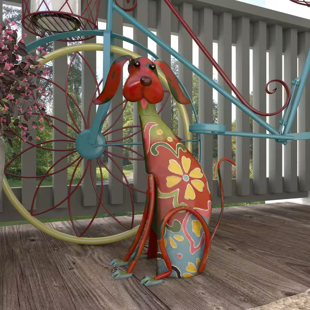 17 In. Metal Indoor Outdoor Dog Garden Sculpture with Floral Pattern