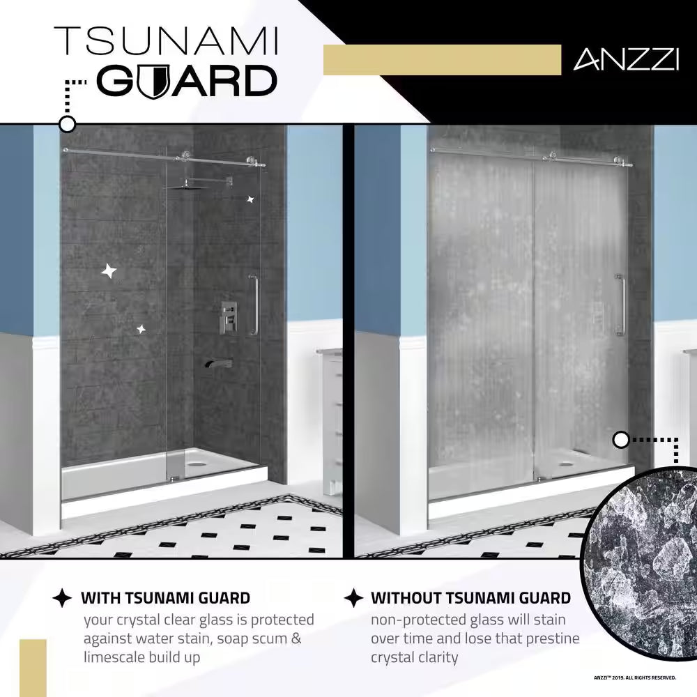 Romance Series 33.3 In. X 72 In. H Hinged Frameless Shower Door in Brushed Nickel with Tsunami Guard Tempered Glass