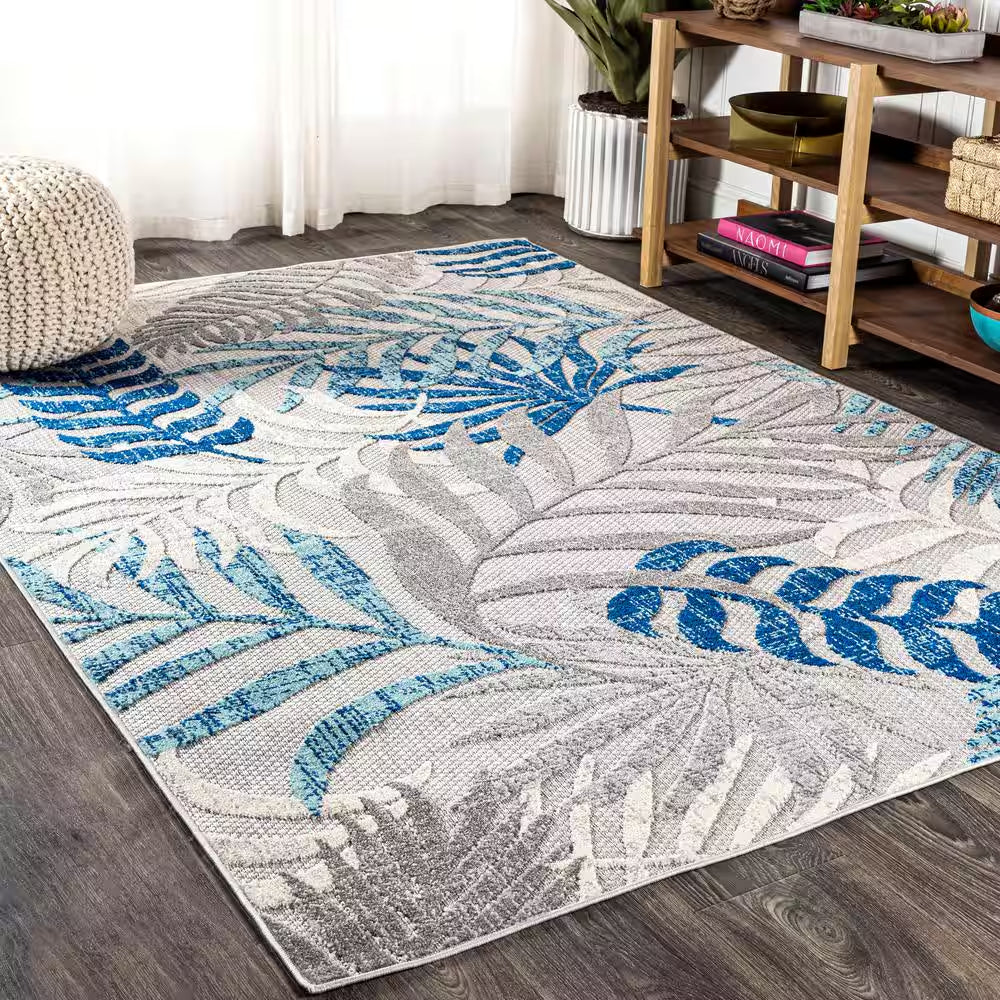 Tropics Palm Leaves Gray/Blue Indoor/Outdoor 8 Ft. X 10 Ft. Area Rug