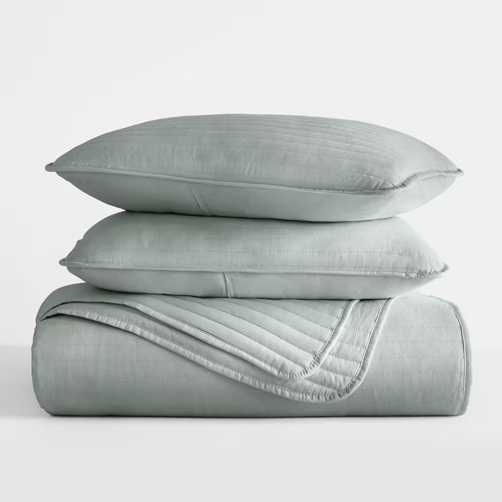 All Season 3-Pcs Eucalyptus Microfiber Twin/Twin XL Stripe Stitch Quilt Set with Shams