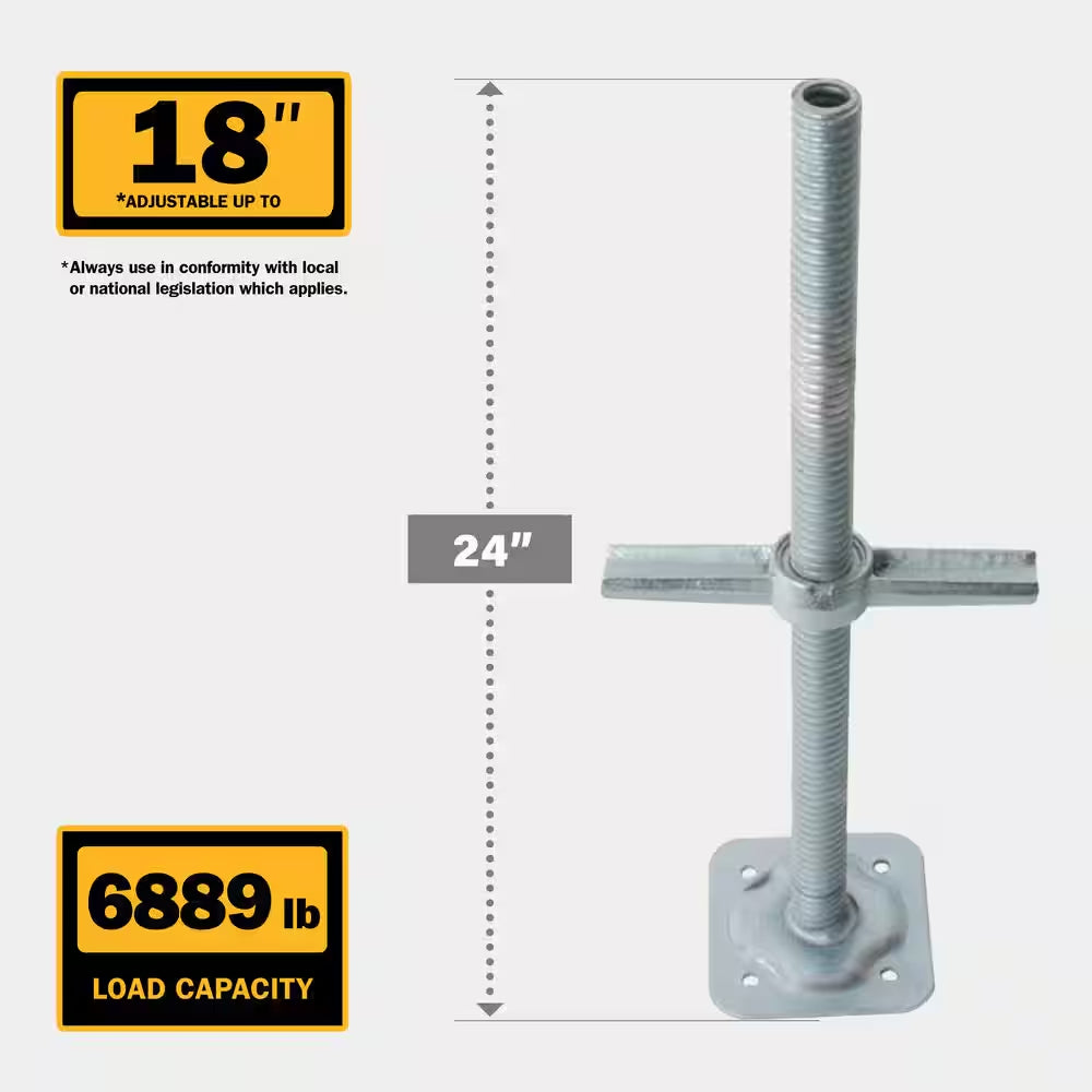 24-Inch Galvanized Steel Adjustable Leveling Jacks with Heavy-Duty Base Plate and Wing Nut Screw for Scaffolds, 8-Pack