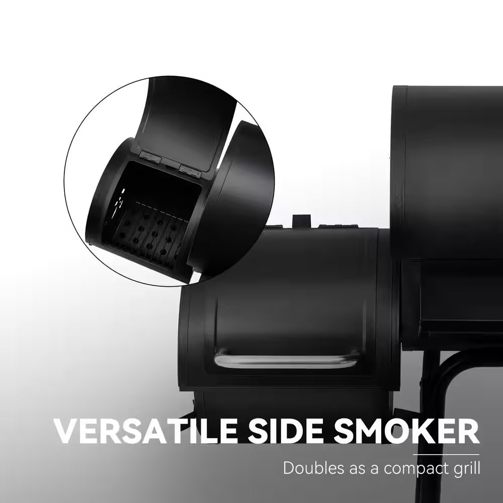 Charcoal Grill in Black with Offset Smoker and Side Table