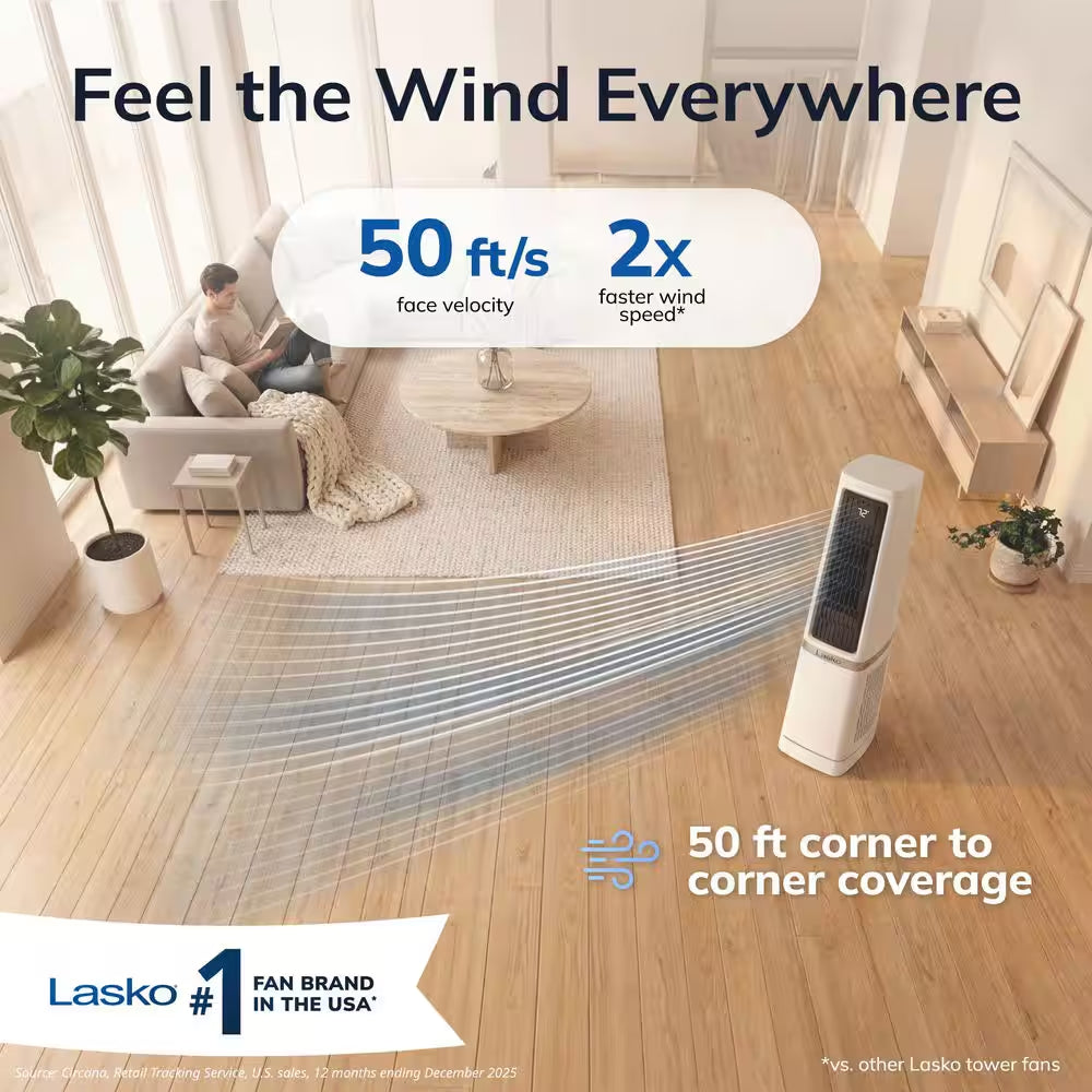 Stratus 35 In. 12-Speed High Velocity Oscillating Tower Fan in White with Quiet DC Motor, Remote, Timer, 11 In. Dia