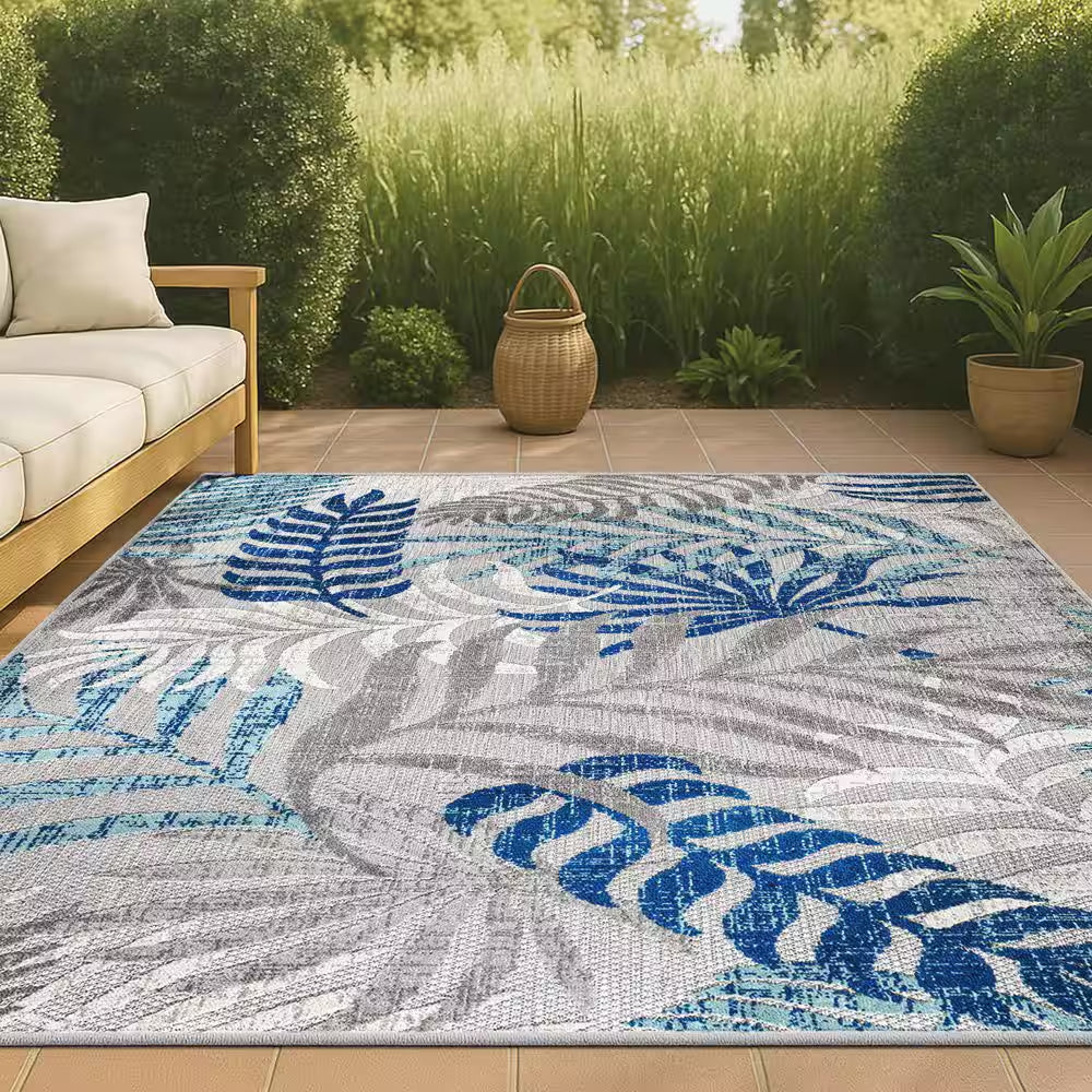 Tropics Palm Leaves Gray/Blue Indoor/Outdoor 8 Ft. X 10 Ft. Area Rug