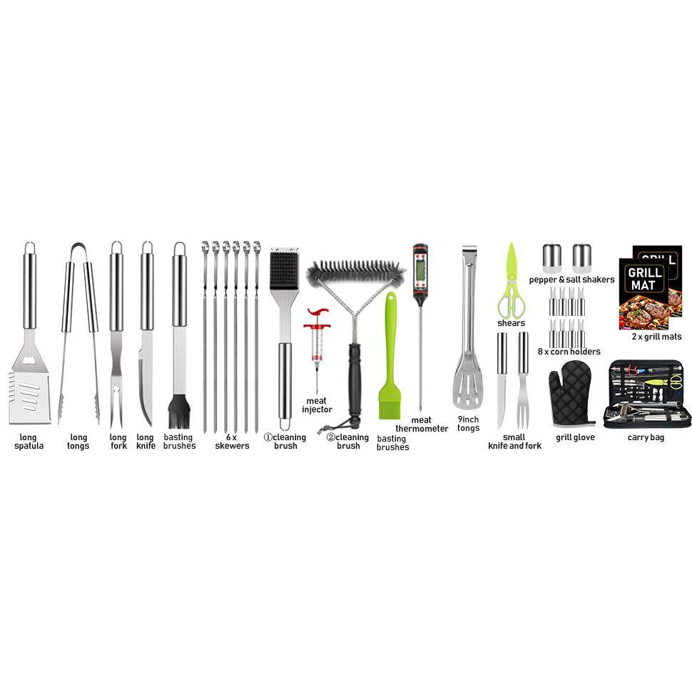 Stainless Steel Grill Cooking Accessory Tool Set 34-Pieces with Carry Bag, Thermometer, Grill Mats for Outdoor Camping