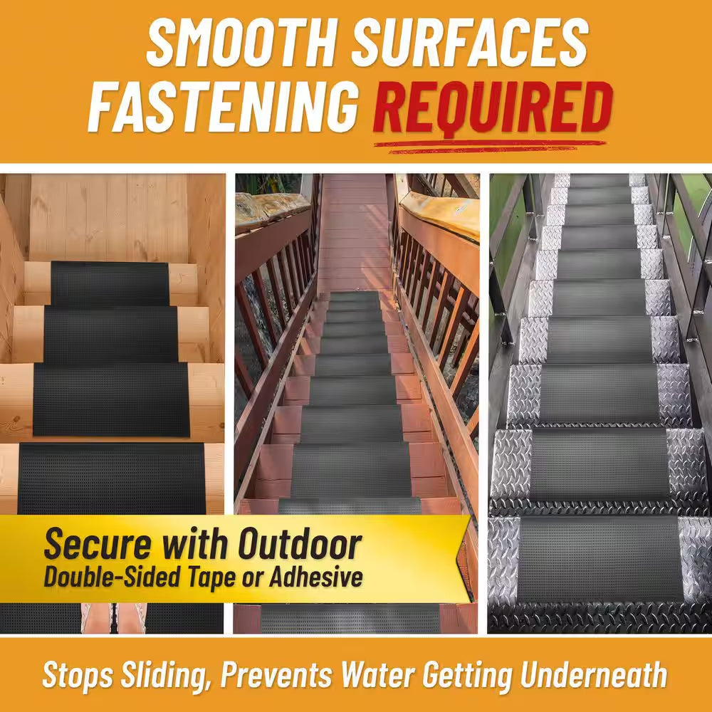 Waterproof Easy-Clean Indoor/Outdoor Black 10 In. X 30 In. Non-Slip Rubber Bull Nose Stair Tread Cover-Set of 5