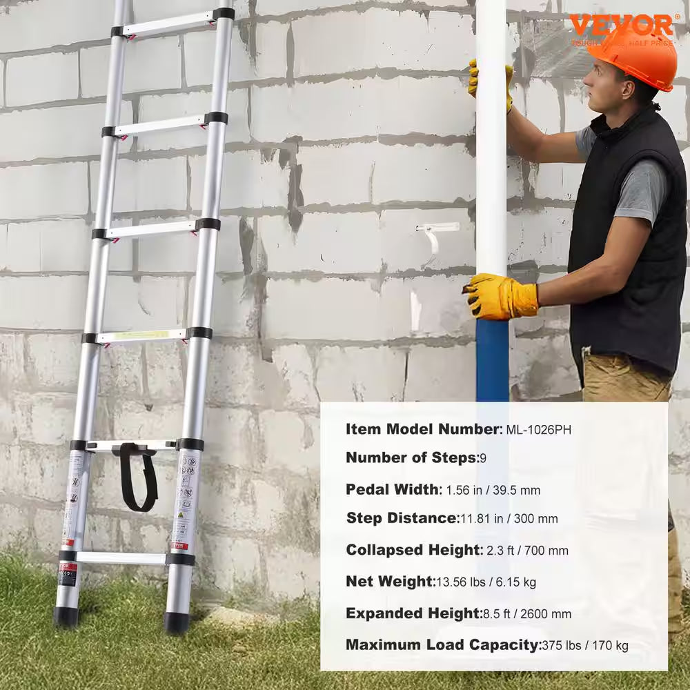 Telescoping Ladder, 8.5 Ft. Aluminum Lightweight Extension Ladder, 1-Button Retraction Collapsible Ladder