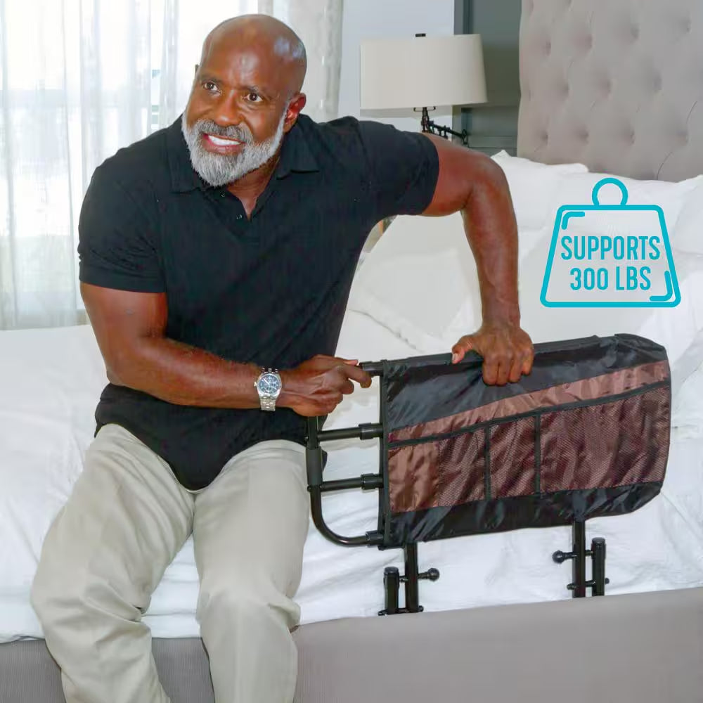 26 In. to 42 In. EZ Adjustable Bed Rail with Swing-Down Safety Railing and Pouch, in Black