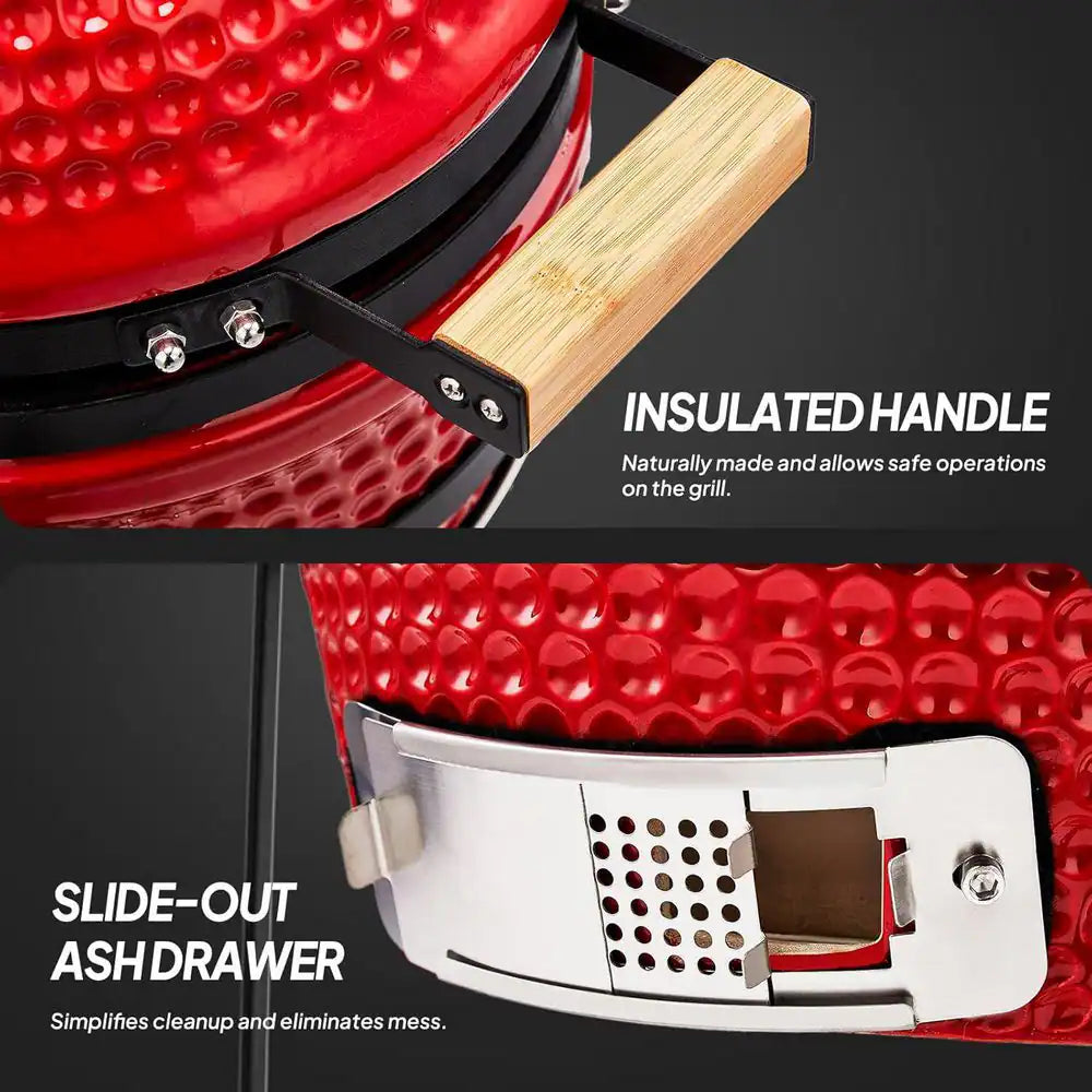 13 In. Kamado Ceramic Charcoal Grill in Red with Grill Stand