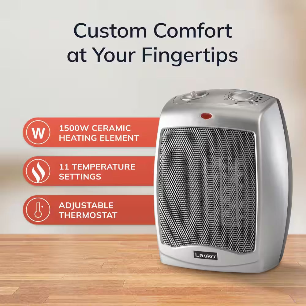 1500W 9.2 In. Gray Electric Tabletop Ceramic Space Heater with Adjustable Thermostat and Overheat Protection