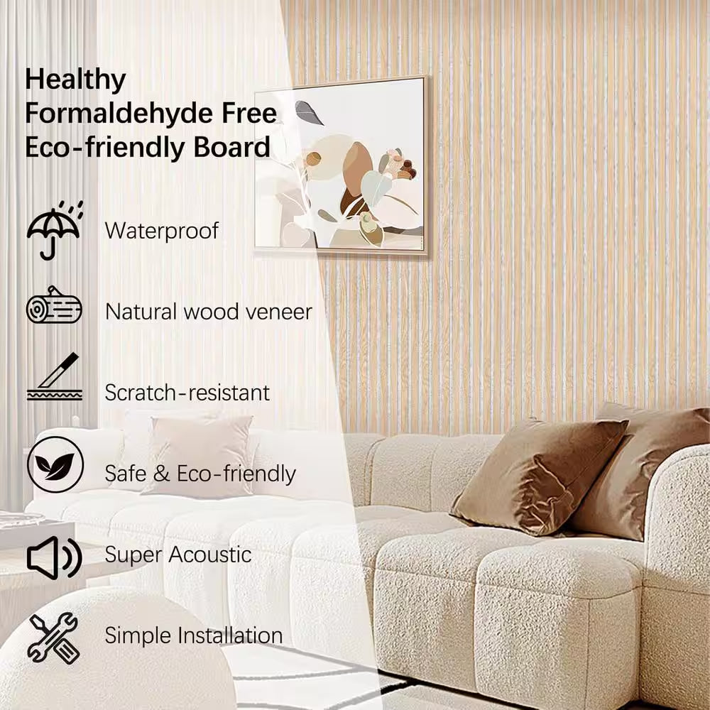 Natural Oak Gray Felt 0.8 In. X 1 Ft. X 8 Ft. Yellow Wood Slat Acoustic Panels, MDF Decorative Wall Paneling (2 Piece)