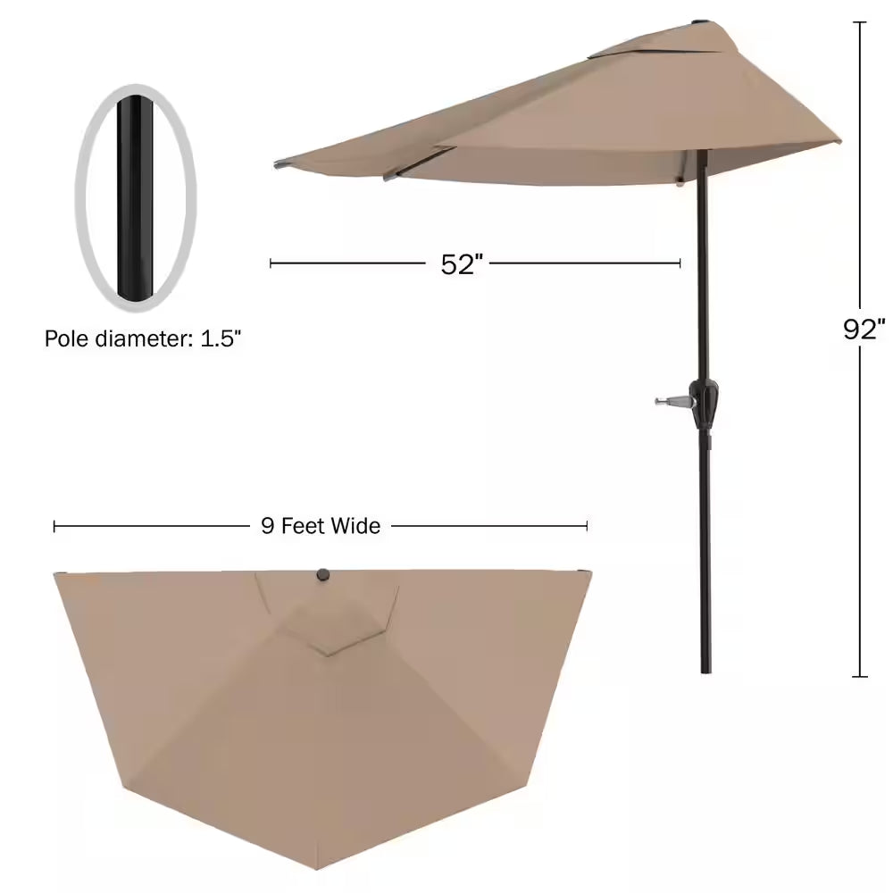 9 Ft. Steel Outdoor Half round Patio Market Umbrella with Easy Crank Lift in Sand