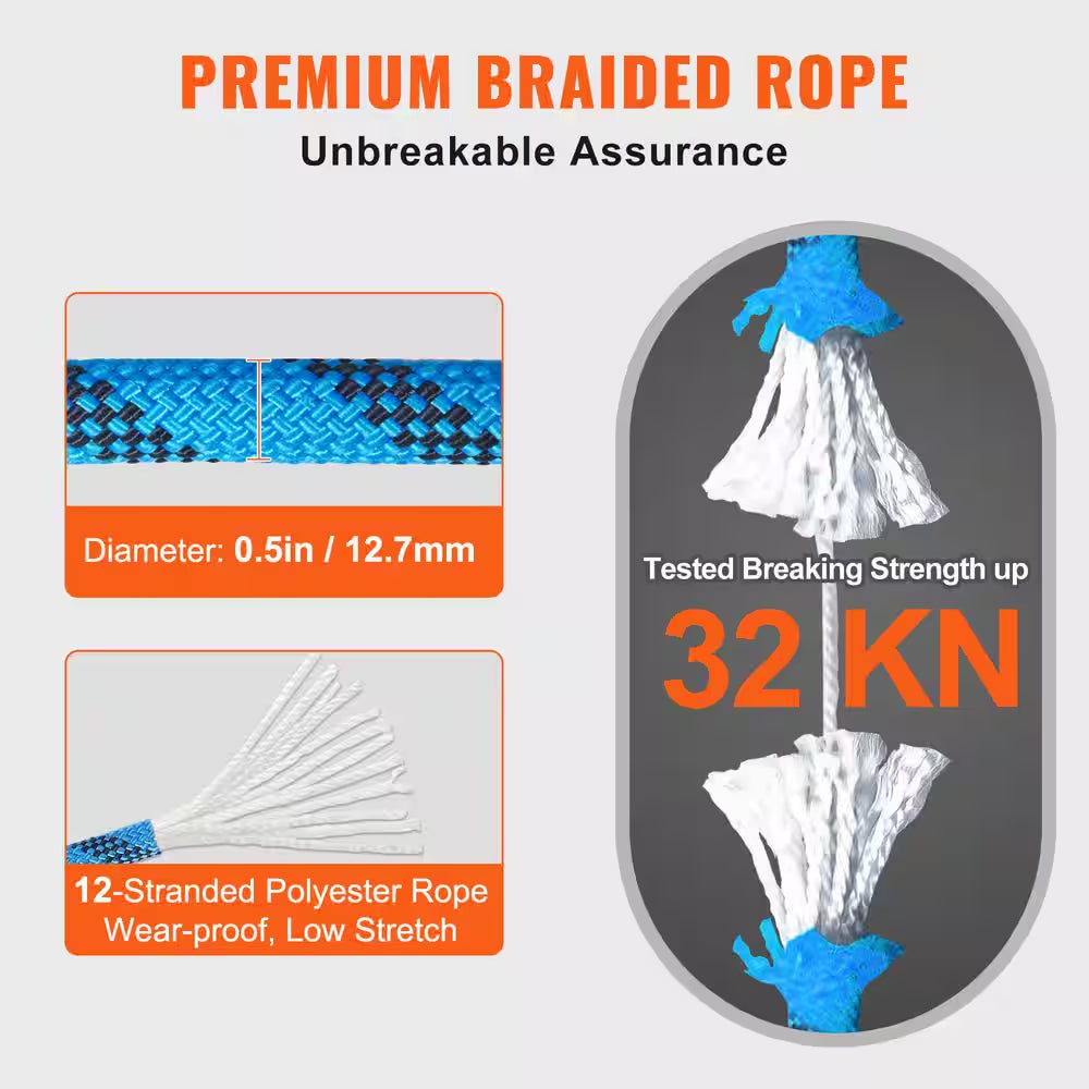 12.7 Mm Static Climbing Rope, 38 M, 125 Ft. Outdoor Rock Climbing Rope 30 KN Breaking Tension, Fiber Rope, Blue