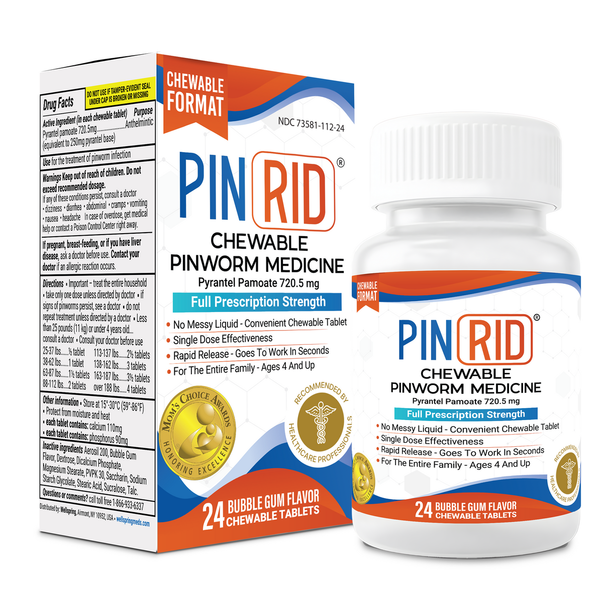PIN RID Pyrantel Pamoate 250mg Pinworm Treatment 24 Chewable Tablets