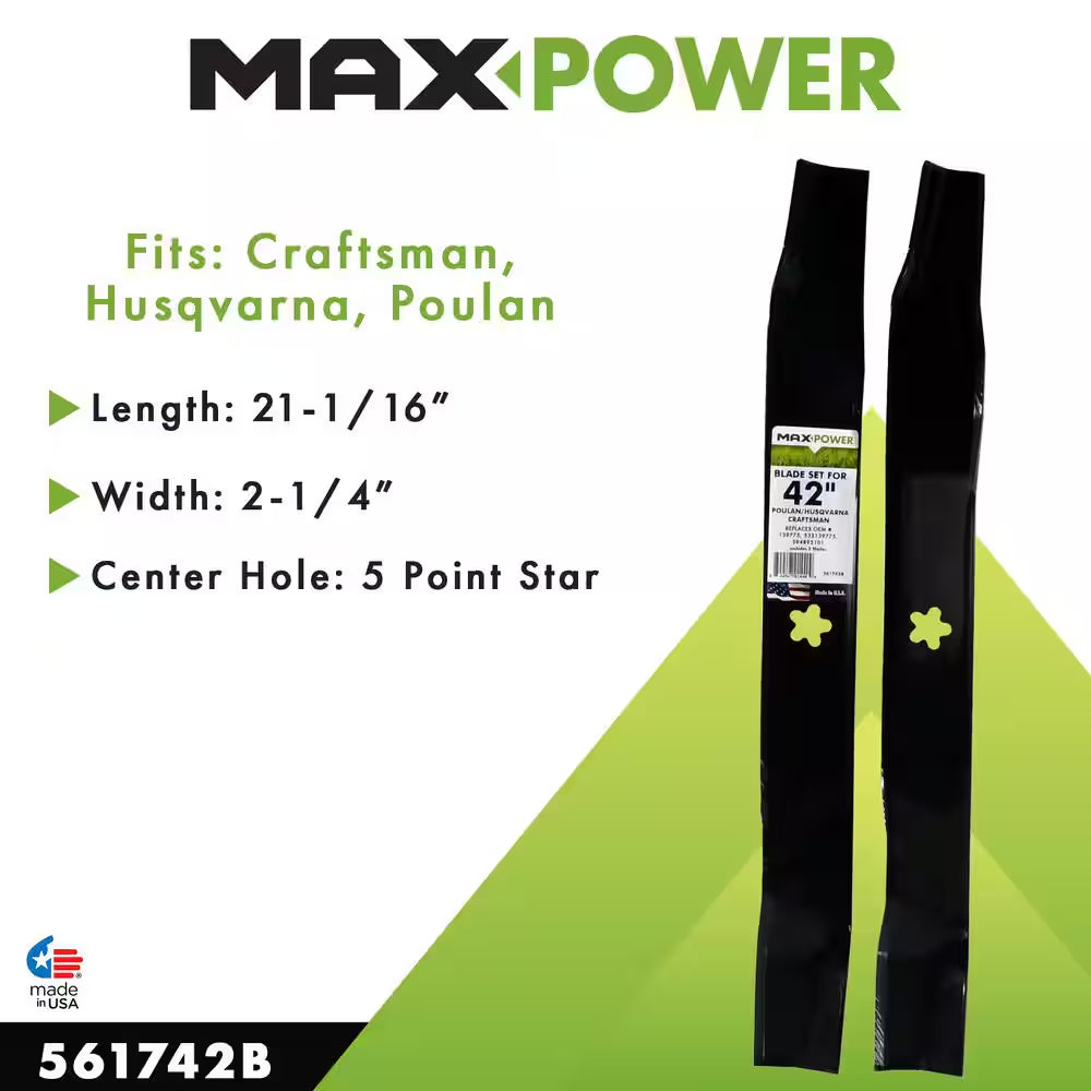 2 Blade Set for Many 42 In. Craftsman, Husqvarna, Poulan Mowers Replaces OEM #'S 139775 and 532139775
