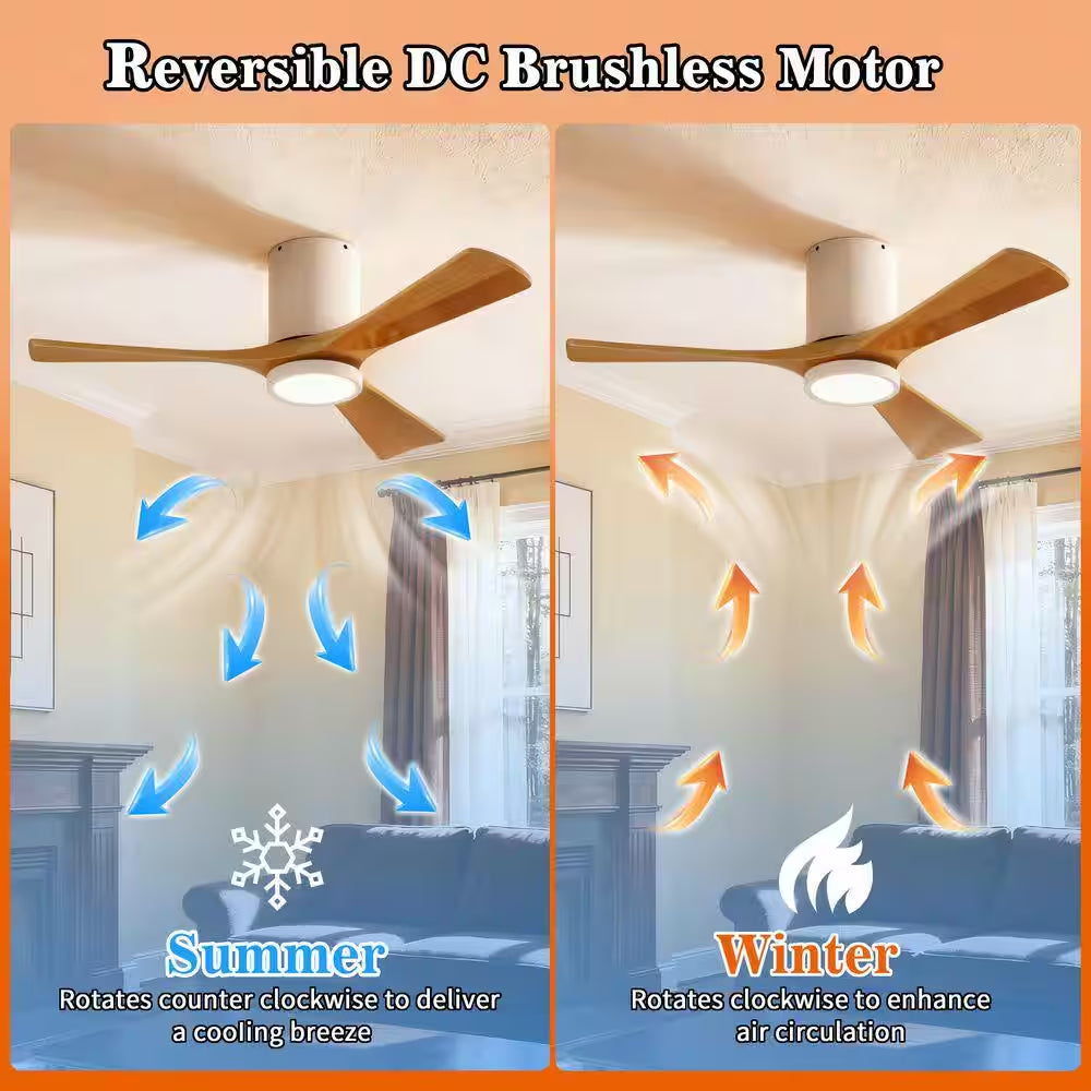 42 In. Smart White 6-Speed Solid Wood Brown Blade Flush Mount Ceiling Fan with 3-Color LED Light and APP, Remote Control