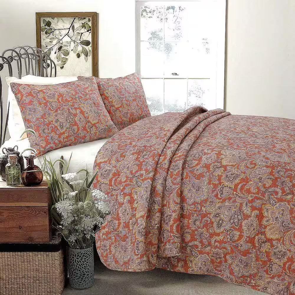 Vintage Rustic Bronze Country Paisley Fall Floral 3-Piece Copper Gray Red Orange Beige Cotton King Quilt Bedding Set
