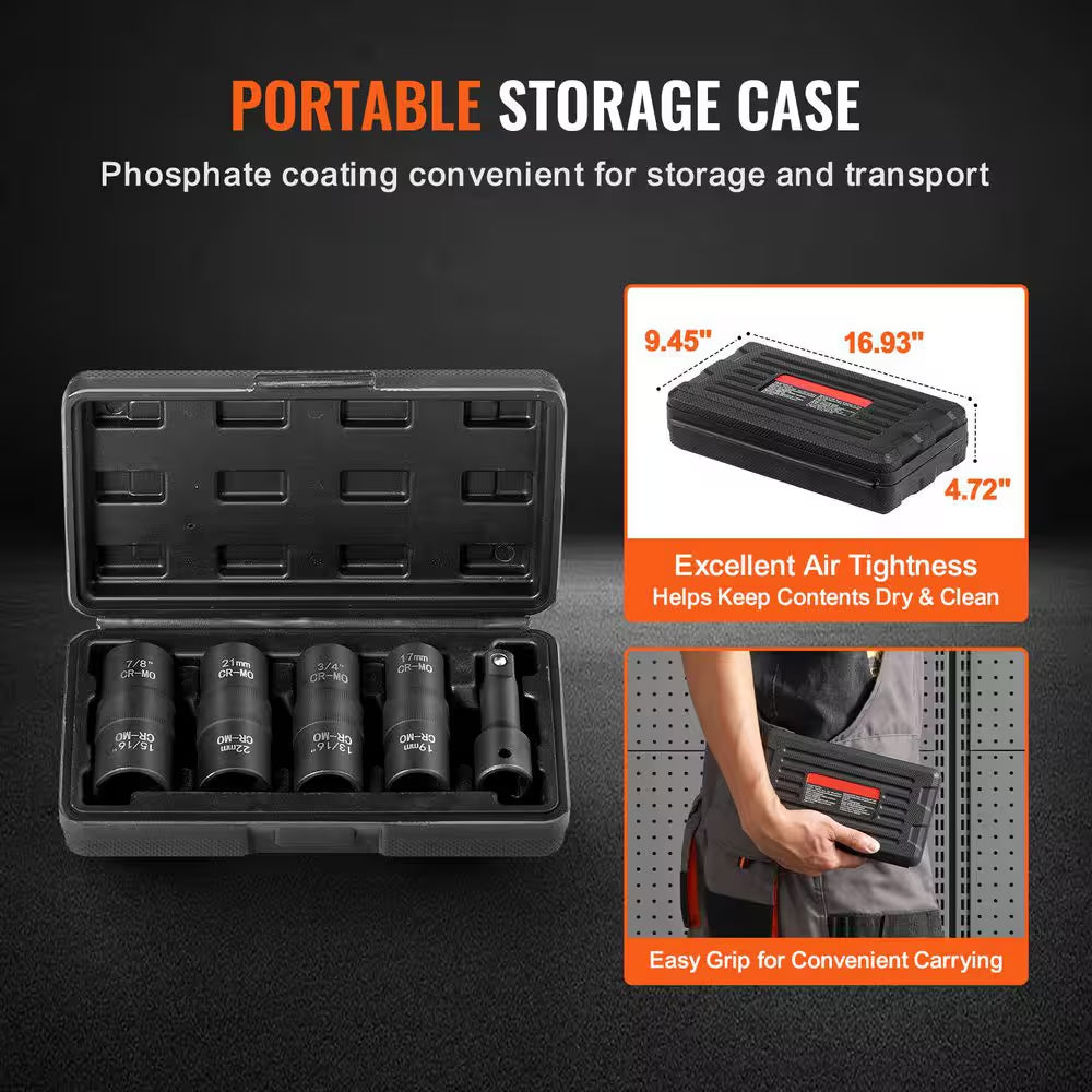 Lug Nut Impact Socket Set, 1/2 In. Drive Metric and SAE 6-Point Flip Socket Set, 4 Total Lug Nut Sizes