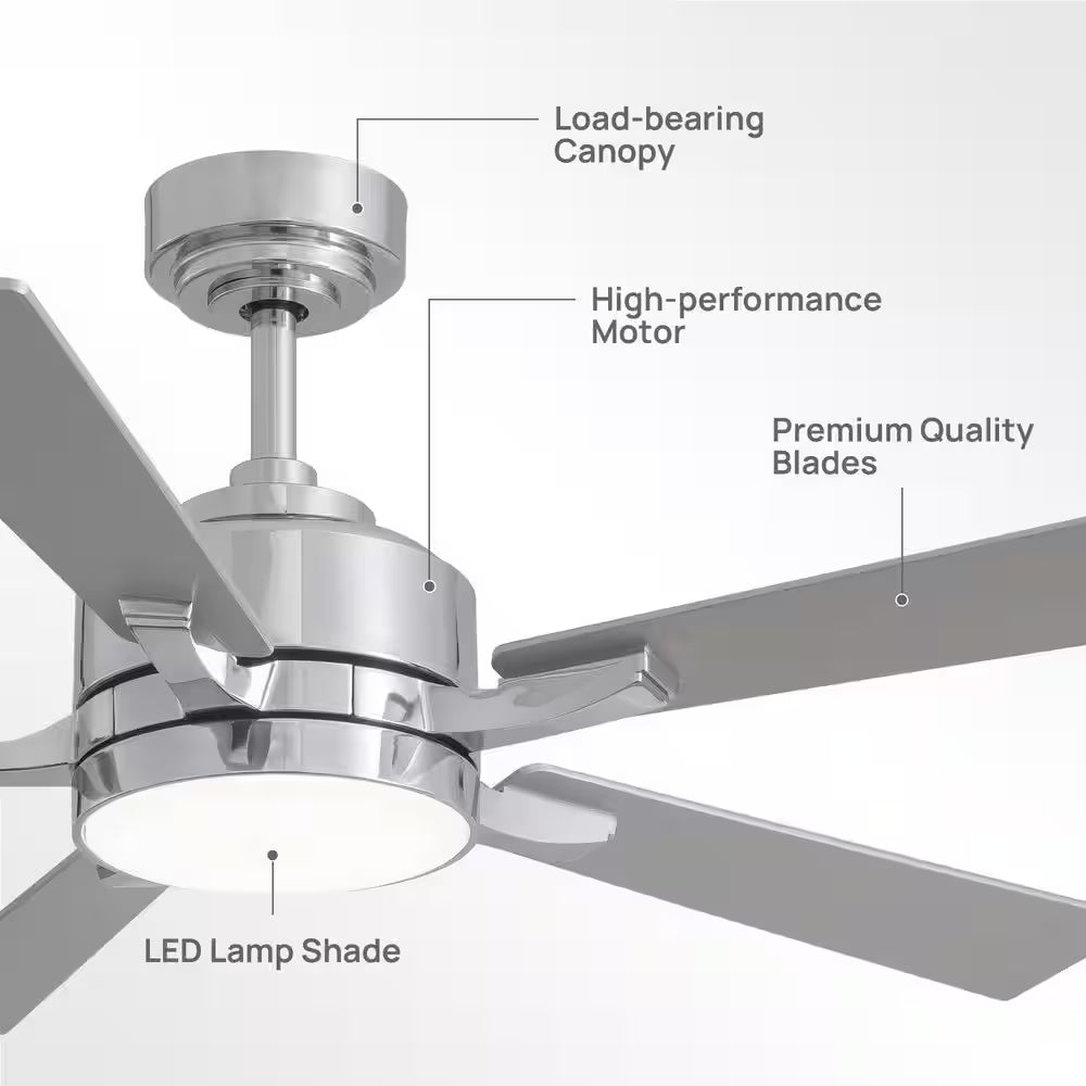 52 In. Indoor Modern Chrome Ceiling Fan with LED Light and Remote Control for Bedroom and Living Room