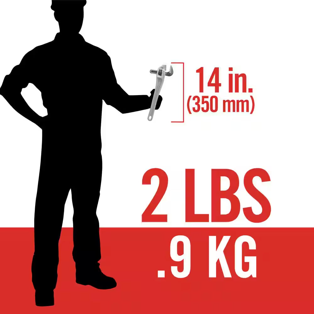 14 In. Aluminum Offset Pipe Wrench with Narrow Hook Jaw Parallel to Handle for Tight Spaces & Overhead Applications