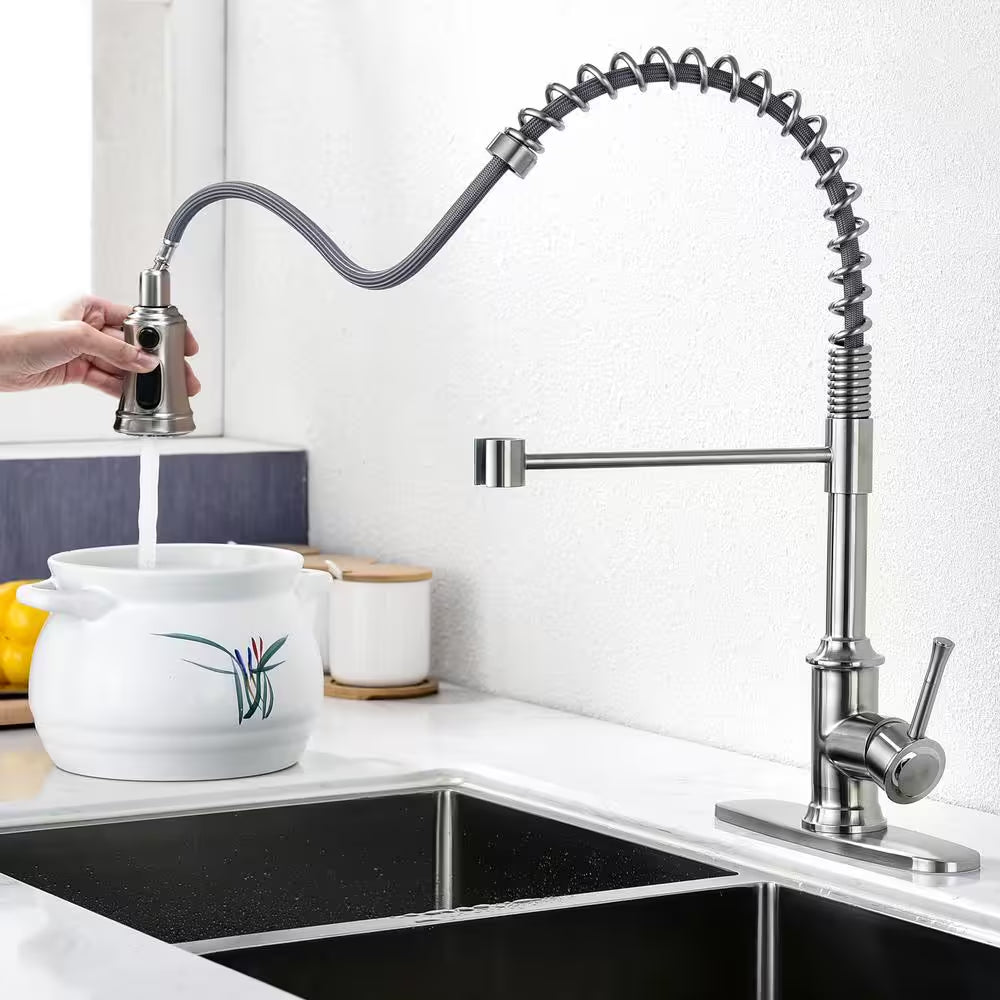 Spring Single-Handle Pull-Down Sprayer Kitchen Faucet with 3 Spray Mode in Stainless Steel Brushed Nickel