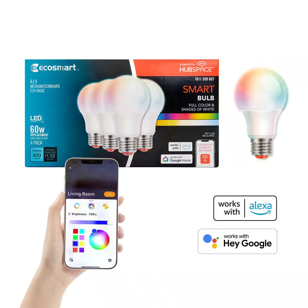 60-Watt Equivalent Smart A19 Color Changing CEC LED Light Bulb with Voice Control (4-Bulb) Powered by Hubspace