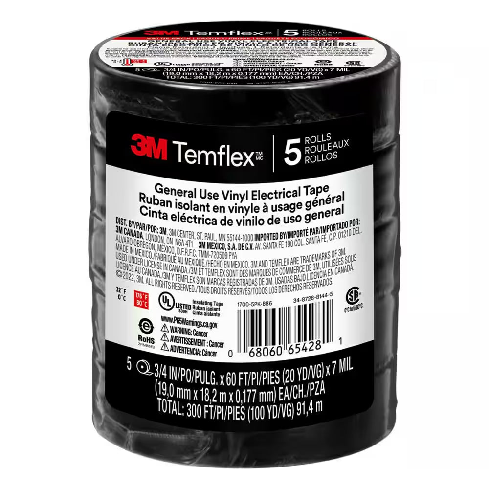 Temflex 3/4 In. X 60 Ft. 1700 Electrical Tape Black (5-Pack)
