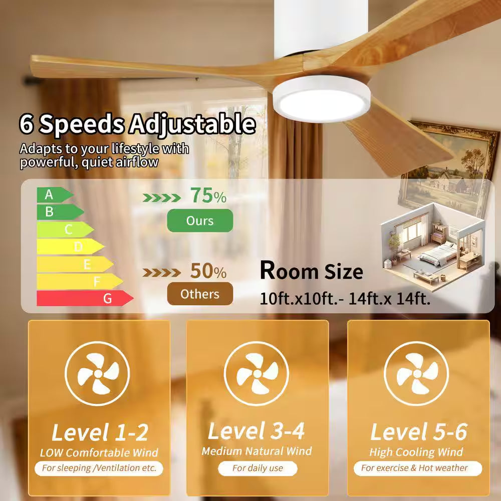 42 In. Smart White 6-Speed Solid Wood Brown Blade Flush Mount Ceiling Fan with 3-Color LED Light and APP, Remote Control