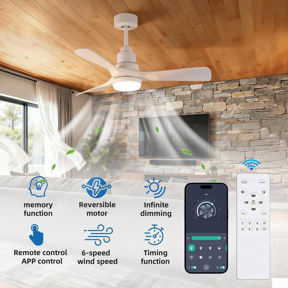 42 In. Smart White 6-Speed White Blades Downrod Mount Standard Ceiling Fan with Dimmable LED Light Included Remote